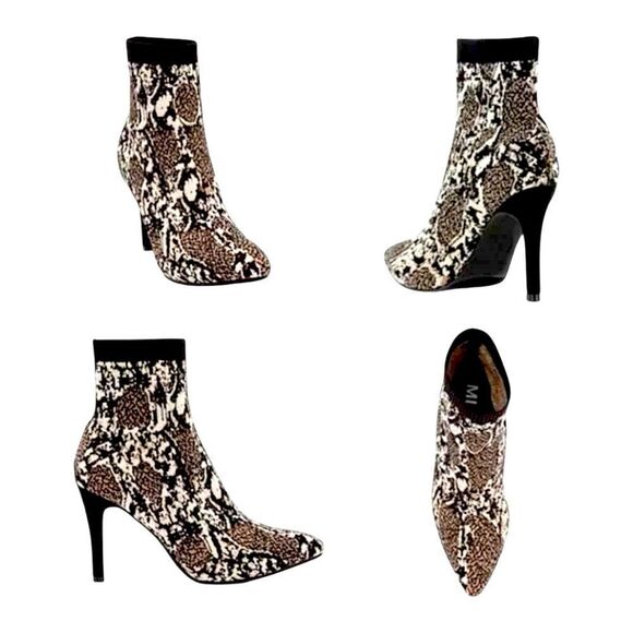 MIA McKinley Snake Print Sock Booties Sz 8.5 Stretch Knit Fabric Stiletto Heel - Picture 1 of 9